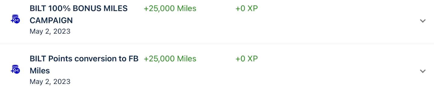 A screenshot showing the 100% bonus for transferring Bilt points to Flying Blue miles on May 1, 2023. 