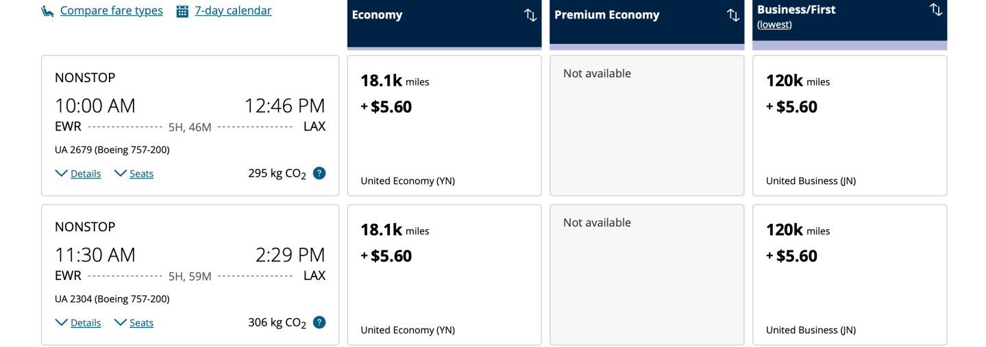 Screenshot showing United flights that are not Saver Awards costing 18,100 miles and $5.60 each. 