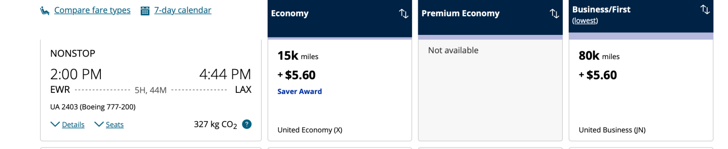 Screenshot showing a Saver Award United flight costing 15,000 miles plus $5.60. 