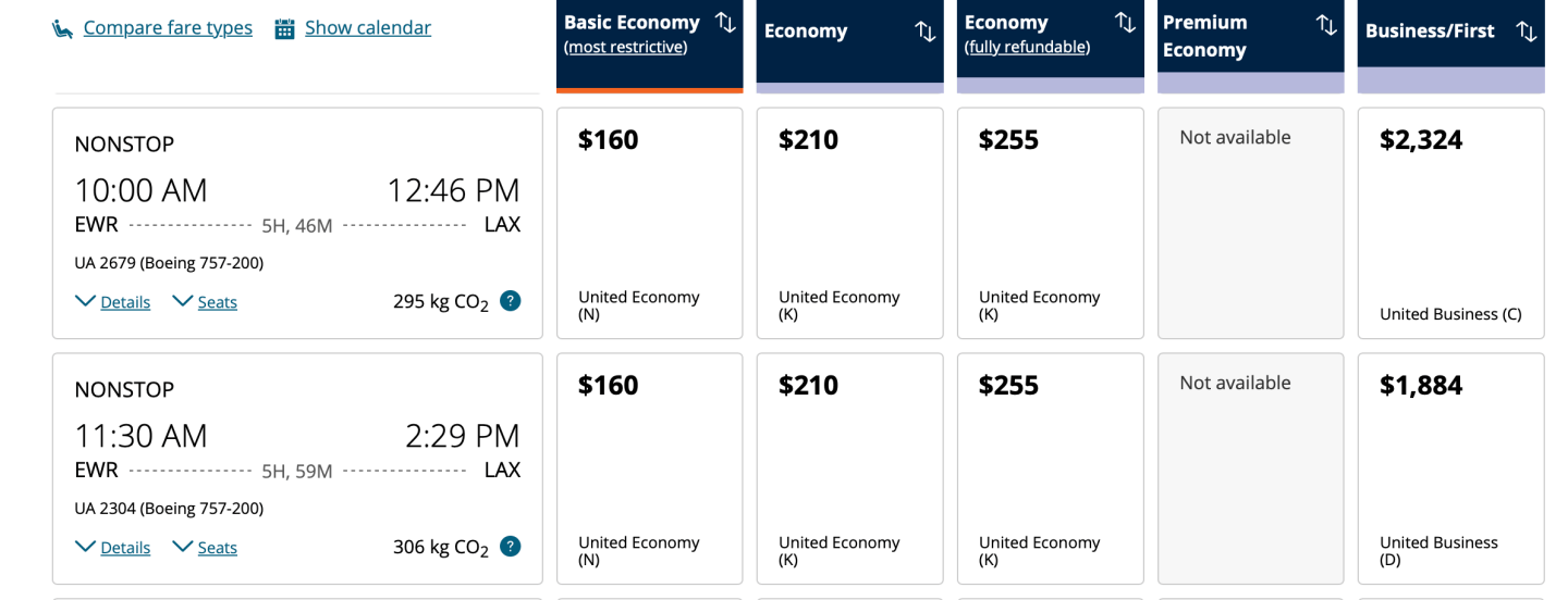 Screenshot showing cash prices for United flights.